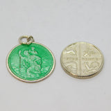 Sterling Silver Green Enamel St Christopher Travel Charm Pendant Vintage c1970s
