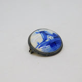 .835 Silver Delft Painted Porcelain Windmill Scene Brooch Pin Vintage c1950