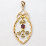 Edwardian 10ct Gold, Pink Paste & Pearl Lavalier Drop Pendant Antique c1910