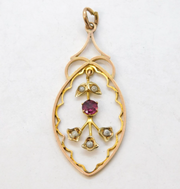 Edwardian 10ct Gold, Pink Paste & Pearl Lavalier Drop Pendant Antique c1910