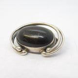 Modernist Sterling Silver Cabochon Black Hardstone Brooch Pin Vintage c1970