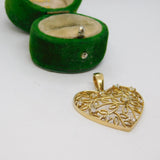 Sterling Silver Gilt Leaf Cutwork Heart Crystal Set Charm Pendant Vintage c1970