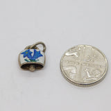 Sterling Silver Blue & White Enamel Floral Cow Bell Charm Pendant Vintage c1970