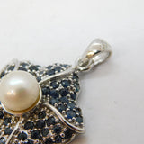 Sterling Silver, Sapphire & Pearl Floral Drop Pendant Vintage c1990s