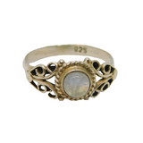 Sterling Silver Cabochon Moonstone Scroll Pattern Ring Vintage c1970 Size M 1/2