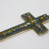 Victorian Sterling Silver Floral Micro-Mosaic Cross Necklace Antique c1860