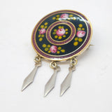 Art Deco Silver Plated & Guilloche Enamel Floral Drop Brooch Antique c1920s