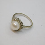 Sterling Silver Pearl & CZ Cluster Style Dress Ring Vintage c1990 Size J