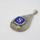 Sterling Silver Blue Enamel 'S' Initial Drop Pendant Vintage c1970