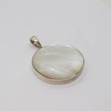 Sterling Silver Large Mother Of Pearl Round Disc Pendant Vintage c1970