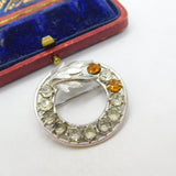 Sterling Silver White & Orange Paste Set Floral Wreath Brooch Vintage c1960