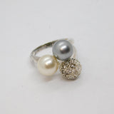 Sterling Silver White & Grey Pearl With Crystal Sphere Ring Modern c1990 Size Q