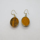 Pair of Sterling Silver Tiger's Eye Oval Form Hook Drop Earrings Vintage c1970