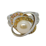 Sterling Silver Faux Pearl & Multi-Colour Cocktail Ring Vintage c1970 Size K