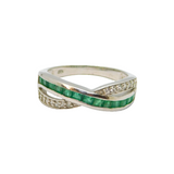 Sterling Silver Emerald & White Topaz Cross Over Ring Modern c1990 Size V 1/2