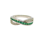 Sterling Silver Emerald & White Topaz Cross Over Ring Modern c1990 Size V 1/2