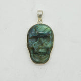 Large Sterling Silver Mounted Carved Labradorite Skull Pendant Vintage c1980s