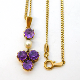 9ct Yellow Gold, Amethyst & Pearl Set Floral Drop Pendant Necklace Vintage