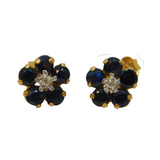 Pair of 9ct Yellow Gold, Sapphire & Diamond Daisy Cluster Earrings Vintage