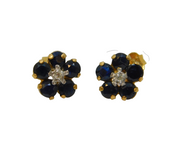 Pair of 9ct Yellow Gold, Sapphire & Diamond Daisy Cluster Earrings Vintage