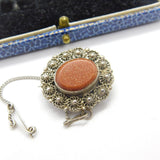 Sterling Silver & Goldstone Set Button Brooch Antique c1920 Art Deco