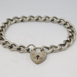 Sterling Silver Curb Link Charm Bracelet Heart Lock Vintage c1970 18cm Length