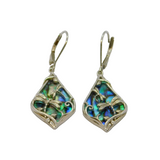 Pair of Sterling Silver Abalone Dragonfly Overlay Drop Earrings Modern c1990