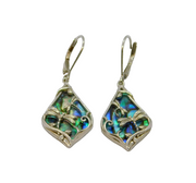 Pair of Sterling Silver Abalone Dragonfly Overlay Drop Earrings Modern c1990
