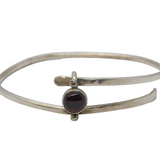 Handmade Sterling Silver Planished Cabochon Garnet Bangle Bracelet Vintage