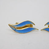 Aksel Holmsen Sterling Silver Gilt Blue Enamel Feather Clip-On Earrings Vintage