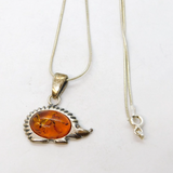 Sterling Silver & Baltic Amber Set Hedgehog Pendant Necklace Vintage
