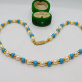 Gold Plated, Turquoise & Simulated Pearl Bead Necklace Vintage c1980