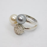 Sterling Silver White & Grey Pearl With Crystal Sphere Ring Modern c1990 Size Q