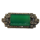 Art Deco Sterling Silver, Marcasite & Jadeite Brooch Antique c1930s