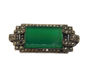 Art Deco Sterling Silver, Marcasite & Jadeite Brooch Antique c1930s