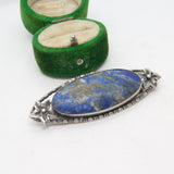 Sterling Silver Floral Pattern Lapis Lazuli Brooch Pin Vintage c1950