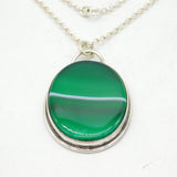 Sterling Silver & Banded Green Agate Drop Pendant Necklace Vintage c1970