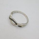 Sterling Silver CZ & Black Enamel Wavy Front Dress Ring Modern c1990 Size P 1/2