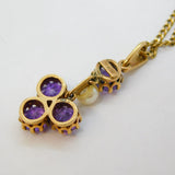 9ct Yellow Gold, Amethyst & Pearl Set Floral Drop Pendant Necklace Vintage