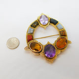 Scottish Victorian Large 9ct Gold, Agate, Citrine, Amethyst Kilt Brooch Antique