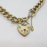 Sterling Silver Chunky Textured Curb Link Heart Lock Bracelet Vintage c1970's