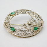 Art Deco 14ct White Gold, Emerald & Diamond Floral Dress Brooch Antique c1930s