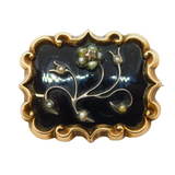 Georgian 12ct Gold, Black Enamel, Pearl & Diamond Mourning Brooch Antique