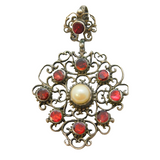 Austro-Hungarian Sterling Silver, Pearl & Garnet Drop Pendant Antique c1880s