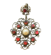 Austro-Hungarian Sterling Silver, Pearl & Garnet Drop Pendant Antique c1880s