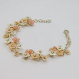 Sterling Silver Pastel Pink & White Shell Flowers Linked Bracelet Modern c1990's