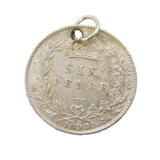 Sterling Silver Queen Victoria Sixpence Coin Charm Pendant Antique 1893
