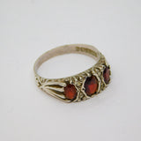 Sterling Silver Triple Garnet & Spinel Patterned Boat Ring Vintage c1970 Size S