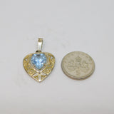 Sterling Silver Patterned Open Heart With Blue Glass Charm Pendant Vintage c1970