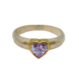 Sterling Silver & Gilt Lavender CZ Heart Solitaire Ring Vintage c1990 Size M 1/2